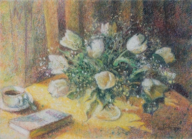 H. Claude Pissarro - Les tulipes blanches à la tasse de café